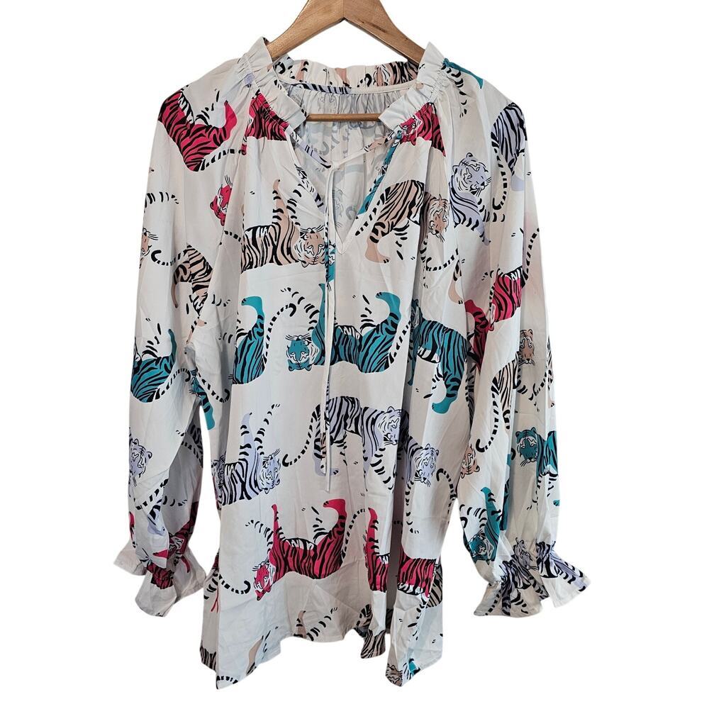 Tiger Peasant Blouse Women XL White Rainbow Whimsical Fairy Boho Relaxed Glam